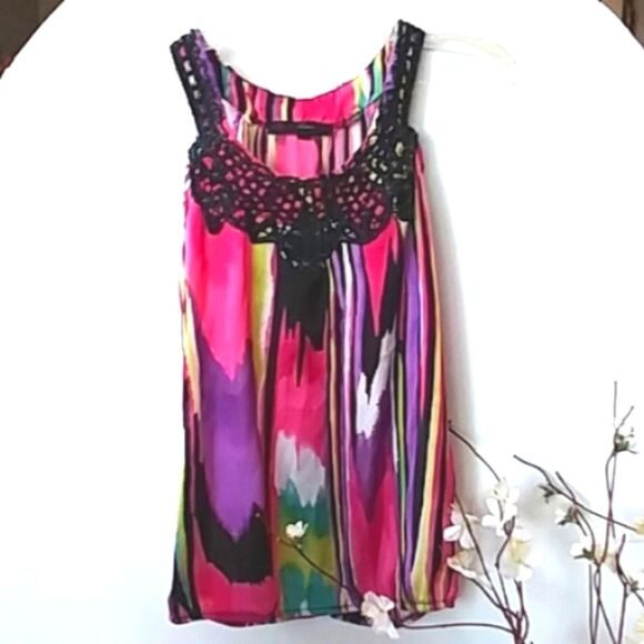 Heart Soul Silk Vibrant Watercolor Sparkly Lace Camisole Sleeveless Smock Blouse - Picture 1 of 7